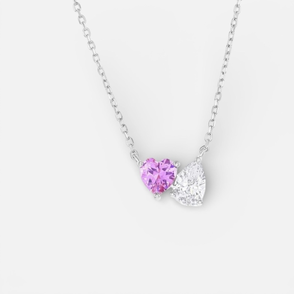 Pink Heart White Pear-Shaped Cubic Zirconia You & Me Necklace in Sterling Silver - Picture 16 of 16